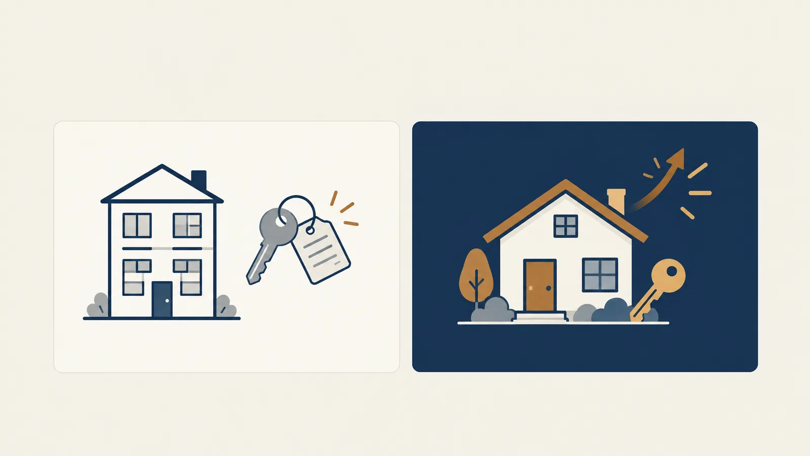 Branded side-by-side visual showing the different considerations when renting versus owning a home