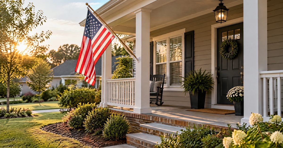 Front porch of a home with an American flag, representing VA home loan refinancing